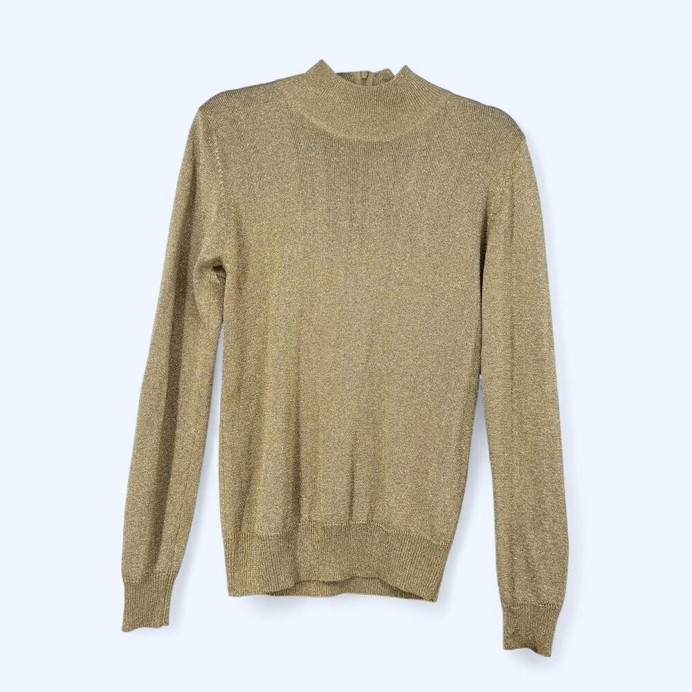 Cache Gold Metallic Knit Sweater Mock Neck Ribbed Trim Pullover The Shards '88